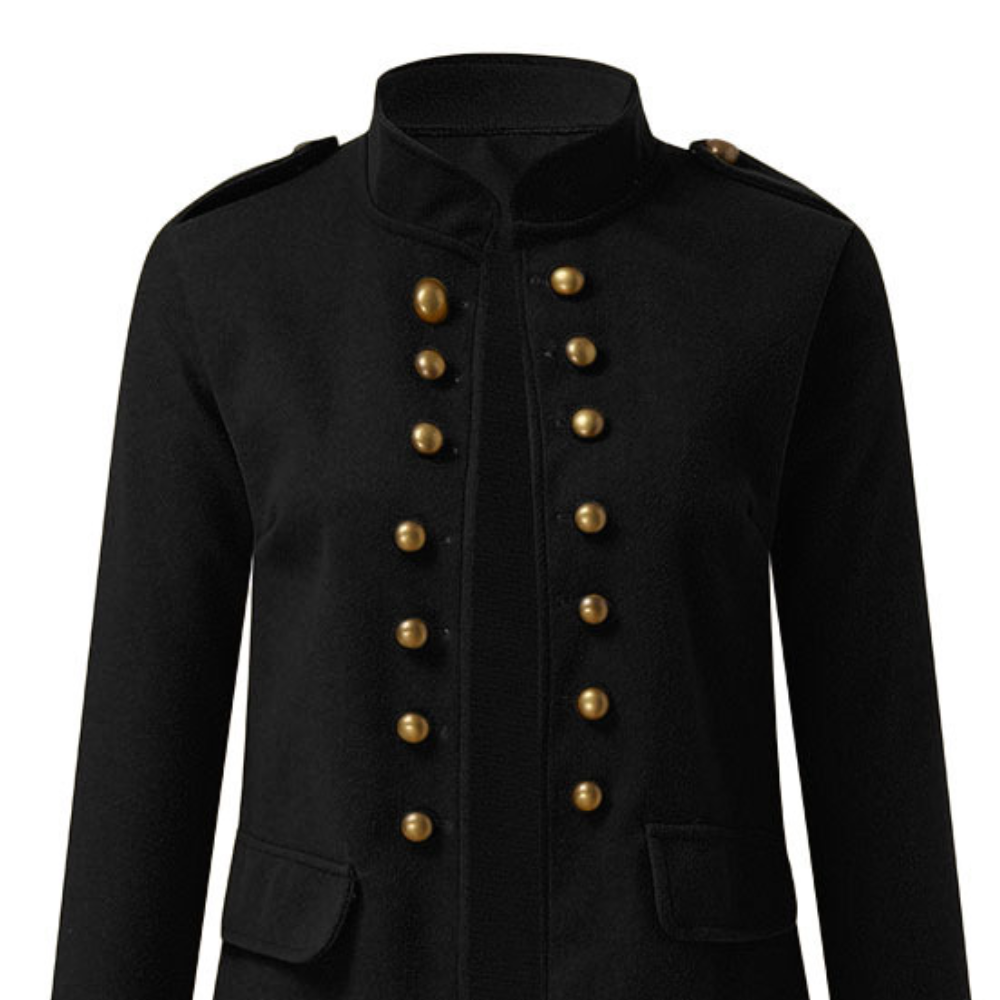 Schwarze Militärjacke mit goldenen Knöpfen, Stehkragen, Damenmode, elegant, klassisch.