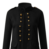 Schwarze Militärjacke mit goldenen Knöpfen, Stehkragen, Damenmode, elegant, klassisch.