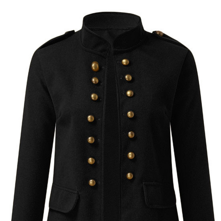 Schwarze Militärjacke mit goldenen Knöpfen, Stehkragen, Damenmode, elegant, klassisch.