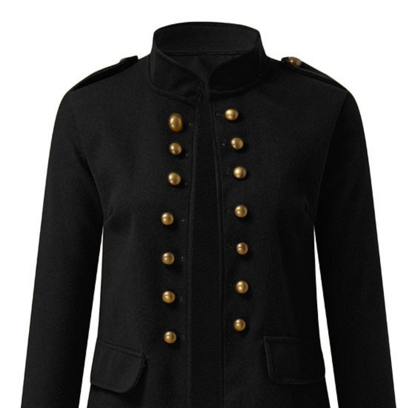 Schwarze Militärjacke mit goldenen Knöpfen, Stehkragen, Damenmode, elegant, klassisch.