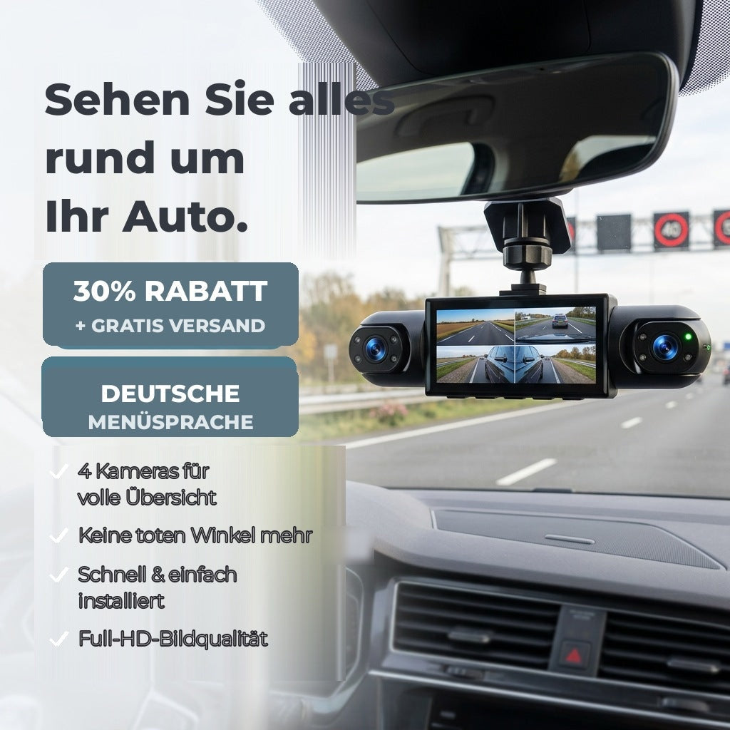 Dashcam mit Display und zwei seitlichen Kameralinsen an der Windschutzscheibe neben dem Rückspiegel, im Hintergrund eine Autobahn. 1