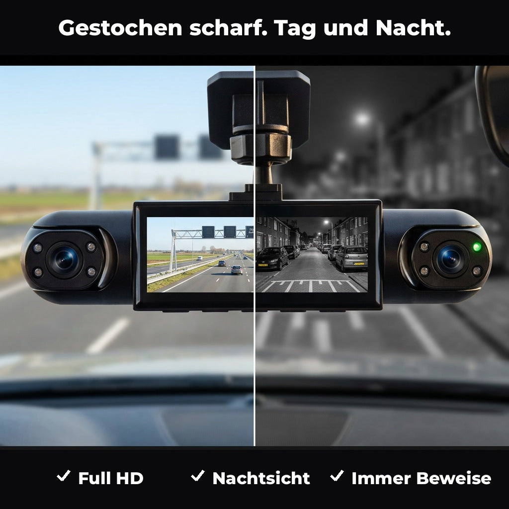 Geteiltes Bild der Dashcam: links die Aufnahme bei Tag auf der Autobahn, rechts schwarz-weiße Nachtsicht in einer Wohnstraße. 3