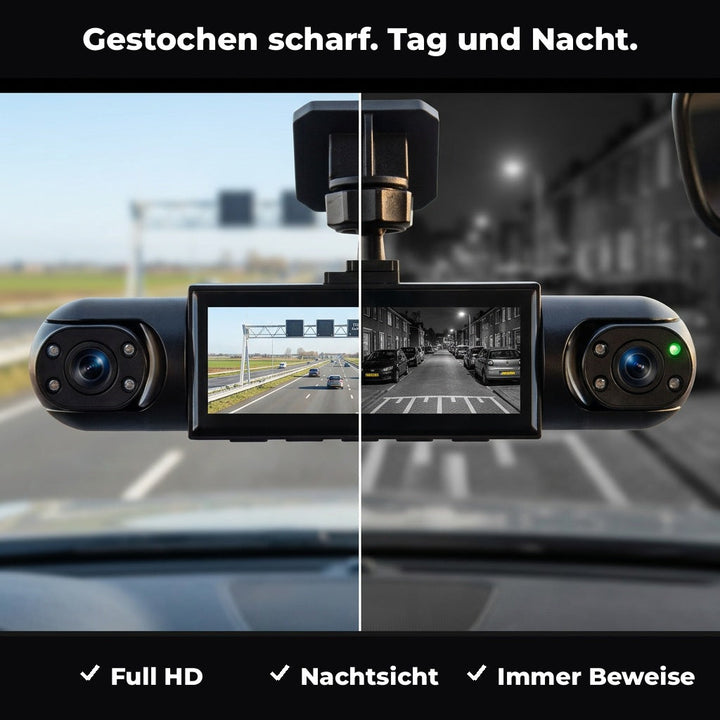 Geteiltes Bild der Dashcam: links die Aufnahme bei Tag auf der Autobahn, rechts schwarz-weiße Nachtsicht in einer Wohnstraße. 3
