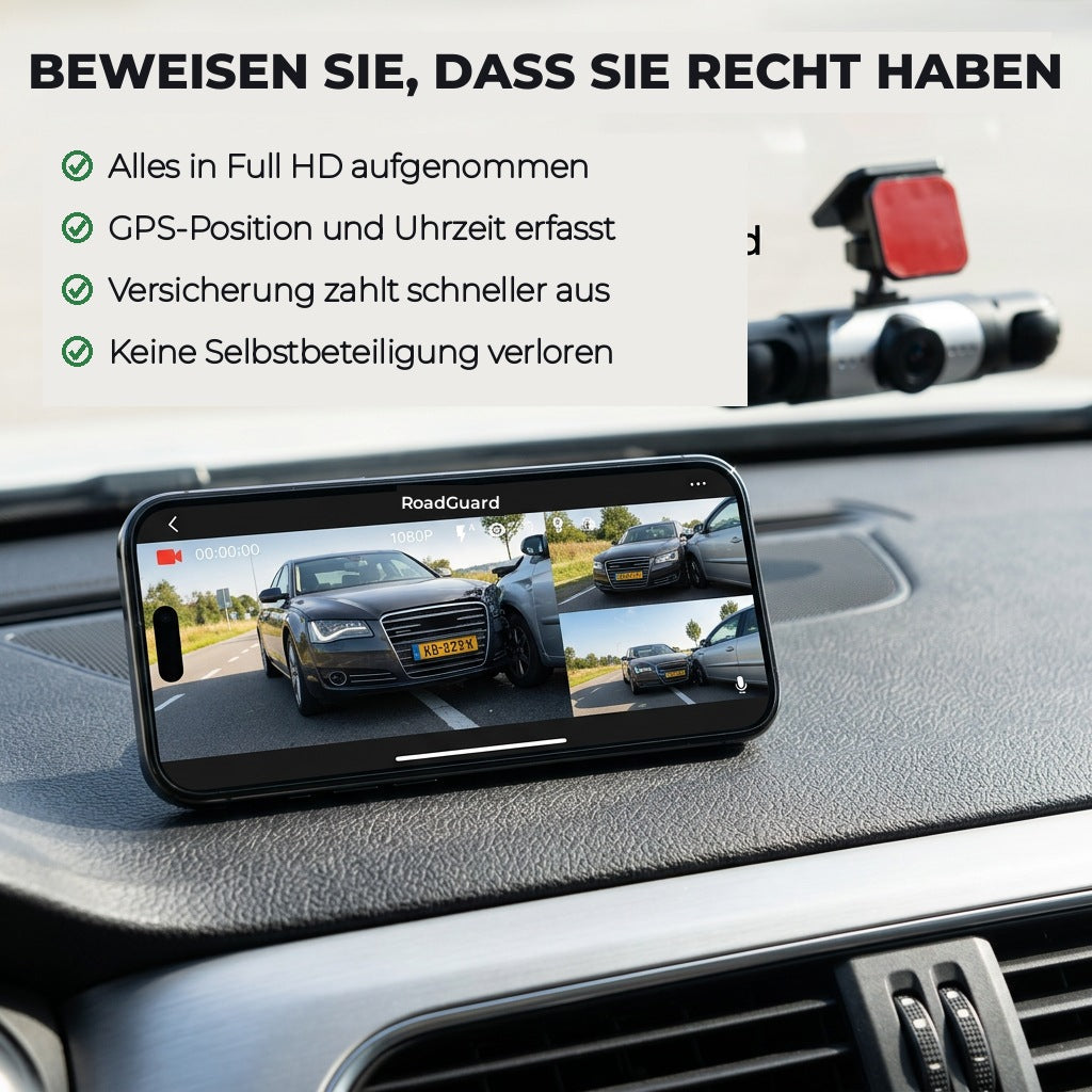 Smartphone auf dem Armaturenbrett zeigt in der App Aufnahmen eines Auffahrunfalls, dahinter die an der Scheibe befestigte Kamera. 5
