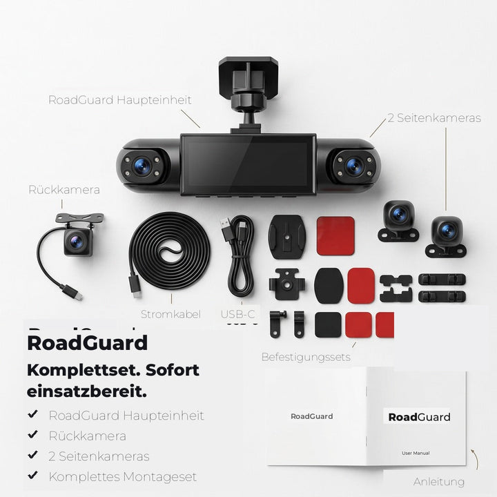 Flatlay des Lieferumfangs: Haupteinheit, Rückkamera, zwei Seitenkameras, Kabel, Halterungen, Klebepads und gedruckte Anleitung auf hellem Grund. 6
