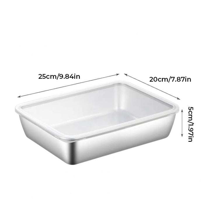 Maßzeichnung der größeren, flachen Edelstahlschale mit durchsichtigem Deckel, mit Angaben zu Länge, Breite und Höhe. 17