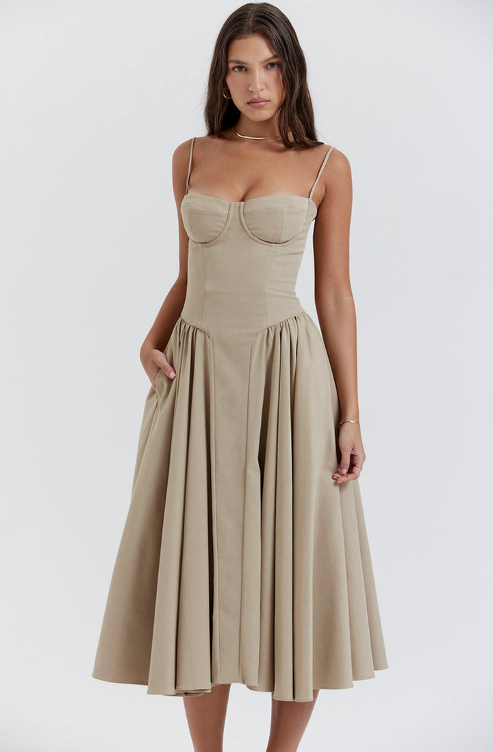 Stylish summer dress with spaghetti straps and waist corset – Mira