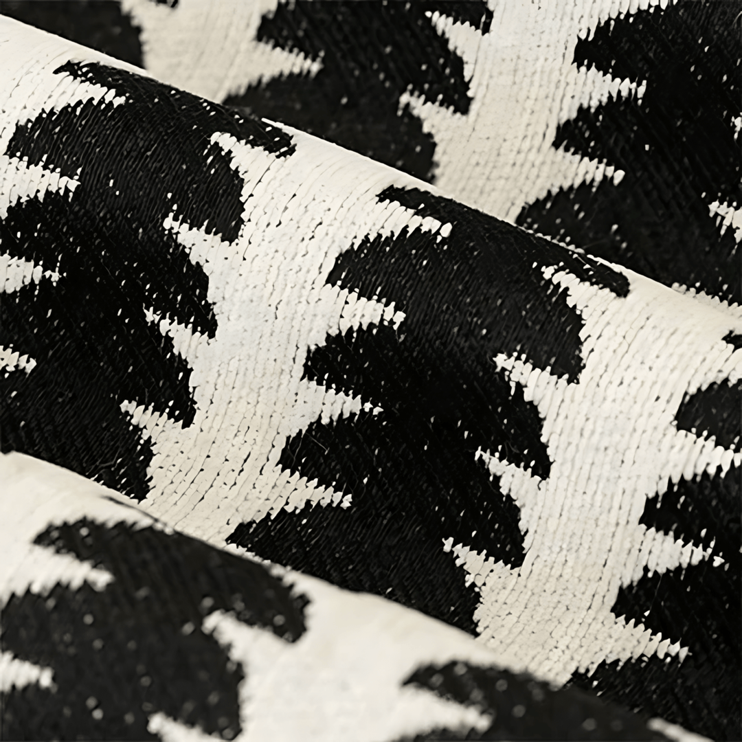 Nahaufnahme des gewebten Chenille-Stoffs in Schwarz und Weiß mit weicher, dichter Oberflächenstruktur und Musterdetail. 2