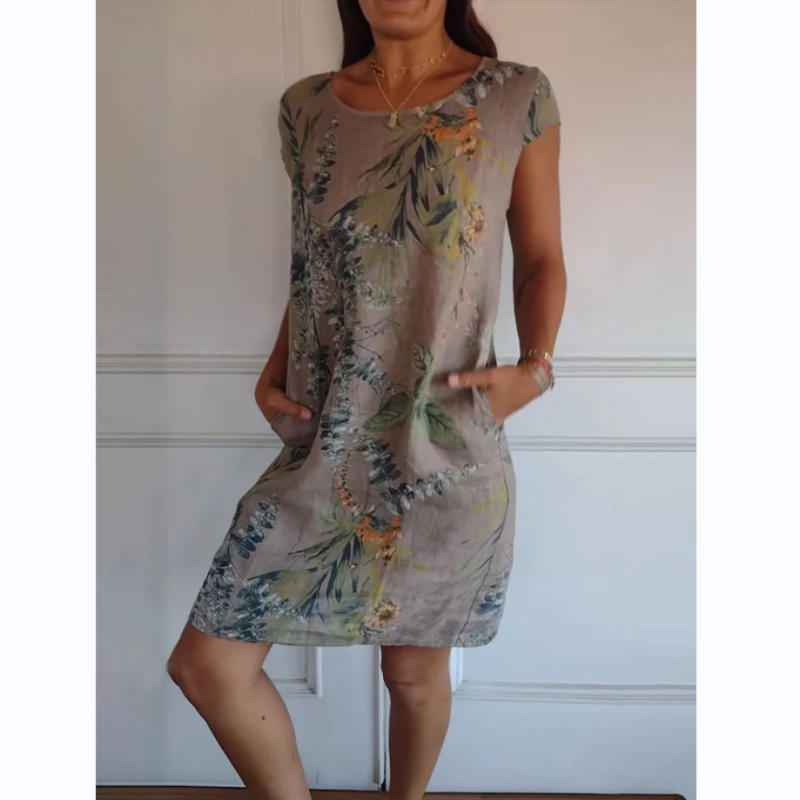 Botanical summer dress with round neck & floral A-line shape – Elvira