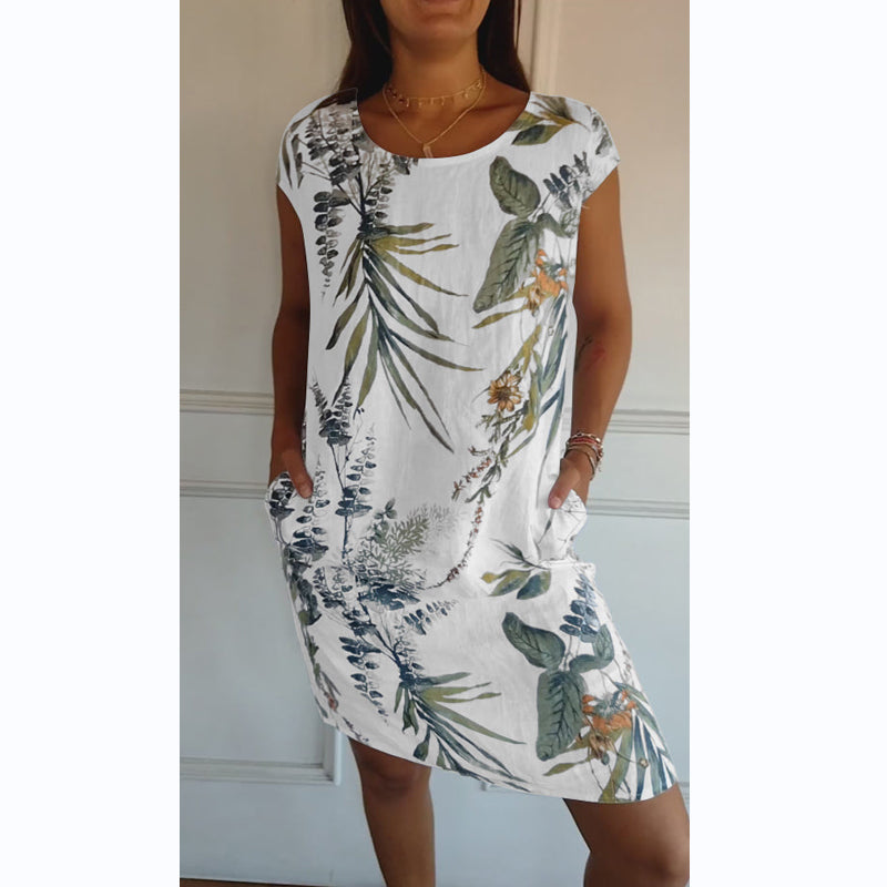 Botanical summer dress with round neck & floral A-line shape – Elvira