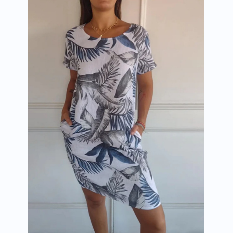 Botanical summer dress with round neck & floral A-line shape – Elvira