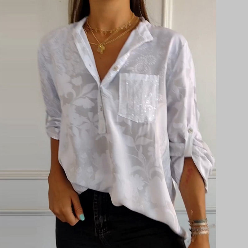 Fashionable women's top with V-neck and button placket – Amaya