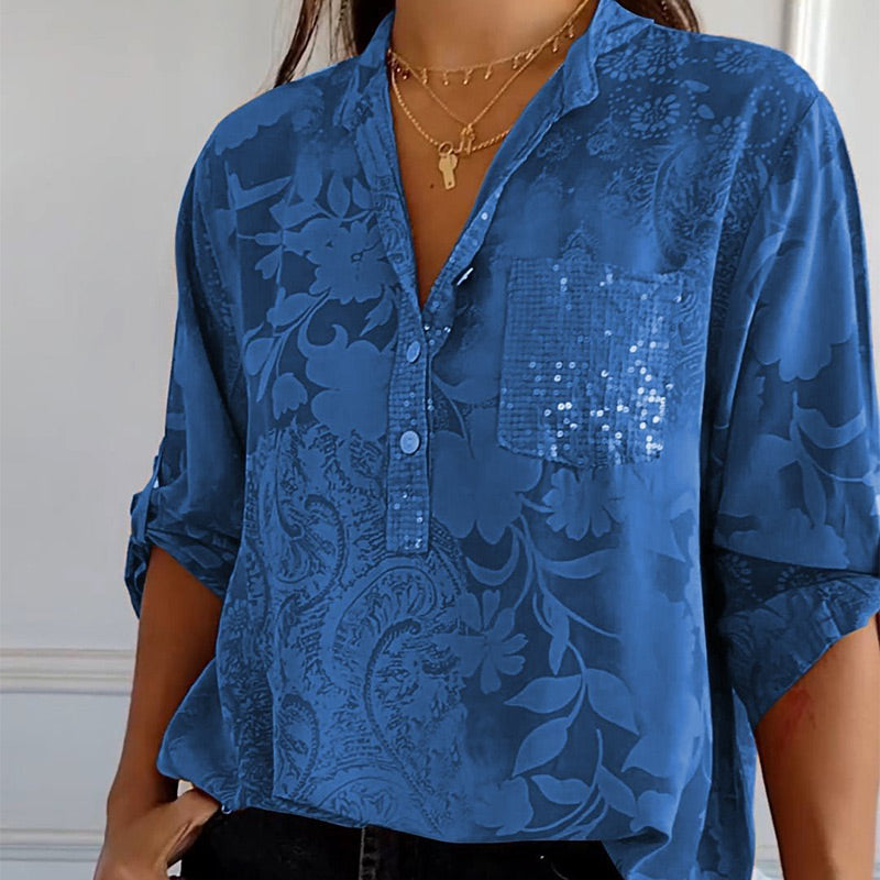 Fashionable women's top with V-neck and button placket – Amaya