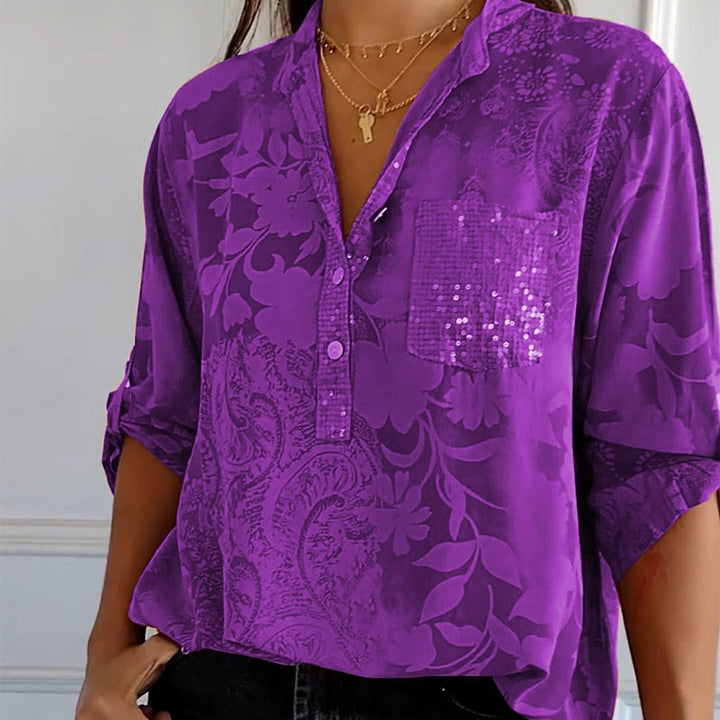 Fashionable women's top with V-neck and button placket – Amaya