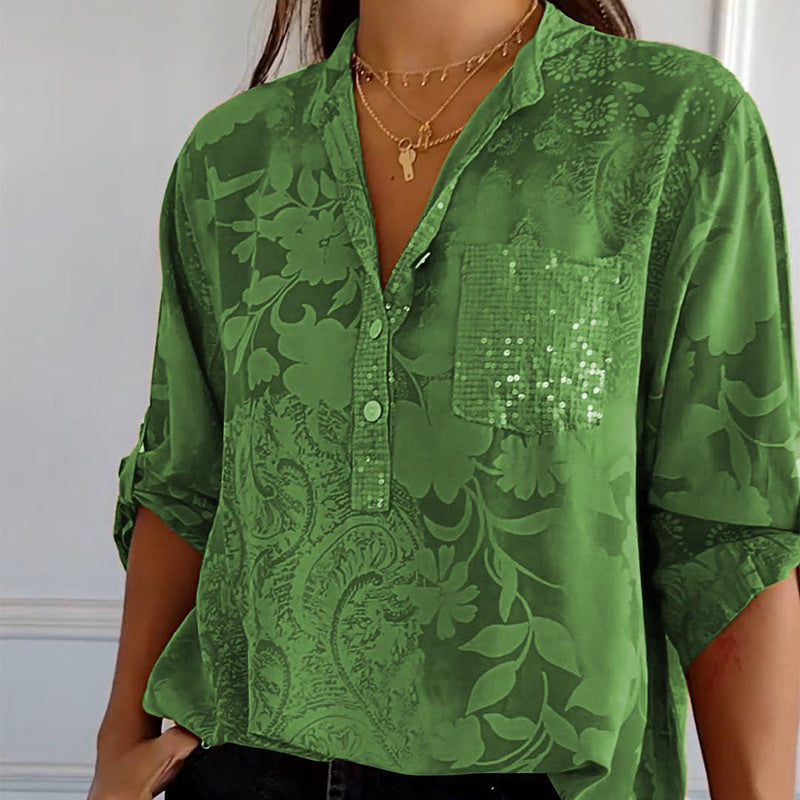 Fashionable women's top with V-neck and button placket – Amaya