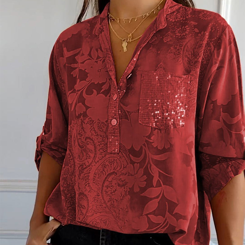 Fashionable women's top with V-neck and button placket – Amaya