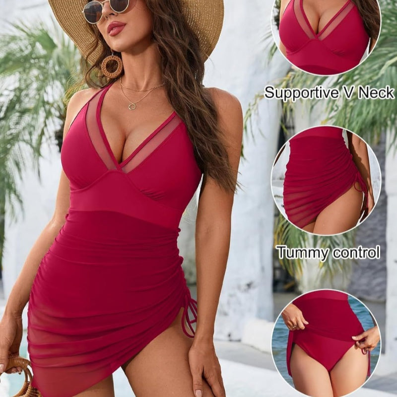 Shaping Swimsuit Dress with Mesh Insert & Wrap Look – Melina
