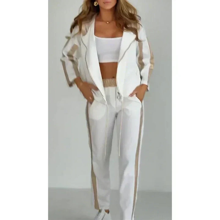 Striped casual two-piece set with hood & waist tie – Cosima