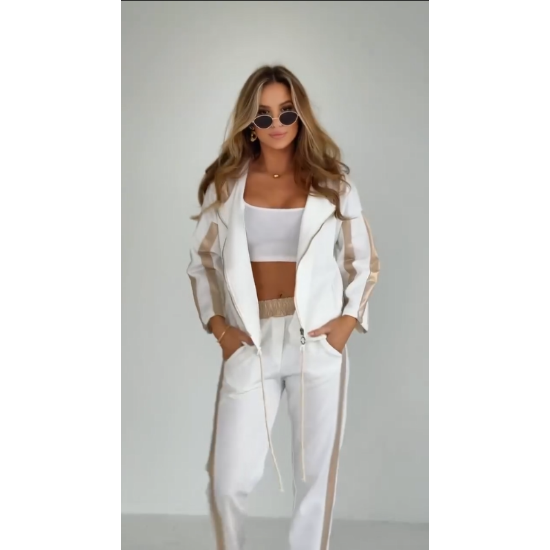 Striped casual two-piece set with hood & waist tie – Cosima
