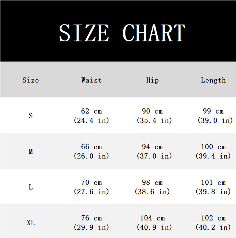 Größentabelle mit Maßen für Taille, Hüfte und Länge in den Größen S bis XL, jeweils in Zentimetern und Zoll. 11