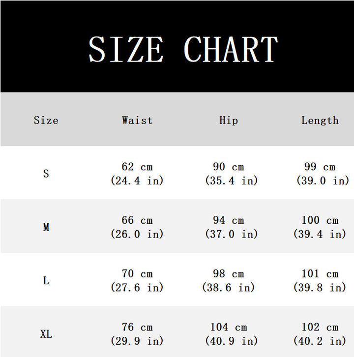 Größentabelle mit Maßen für Taille, Hüfte und Länge in den Größen S bis XL, jeweils in Zentimetern und Zoll. 11