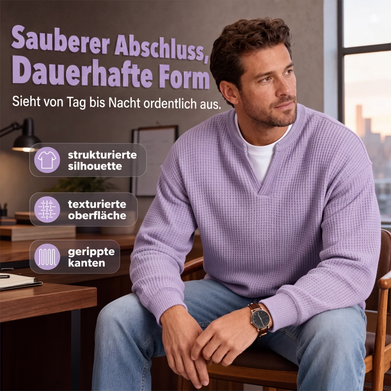 Mann im fliederfarbenen Waffelstrick-Oberteil sitzt nachdenklich auf einem Stuhl im Büro, im Hintergrund eine Stadtkulisse im Abendlicht. 6