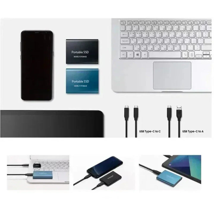 Flat Lay mit Smartphone, zwei SSDs, Laptop und USB-C-Kabeln, darunter drei Bilder der SSD an Laptop, Handy und Tablet. 3