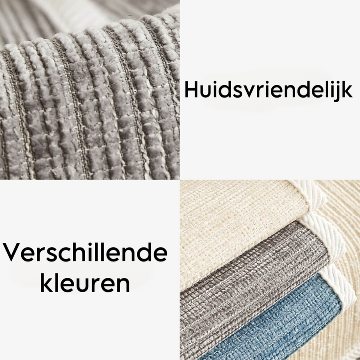 Collage mit Nahaufnahme der grauen, strukturierten Chenille-Oberfläche und gestapelten Stoffmustern in Creme, Grau und Blau. 5