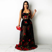 Maxikleid mit Blumenstickerei und Spaghettiträgern – Rosalie