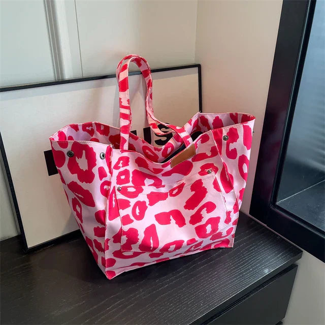 Oversized lærred skuldertaske med leopardmønster - lilla
