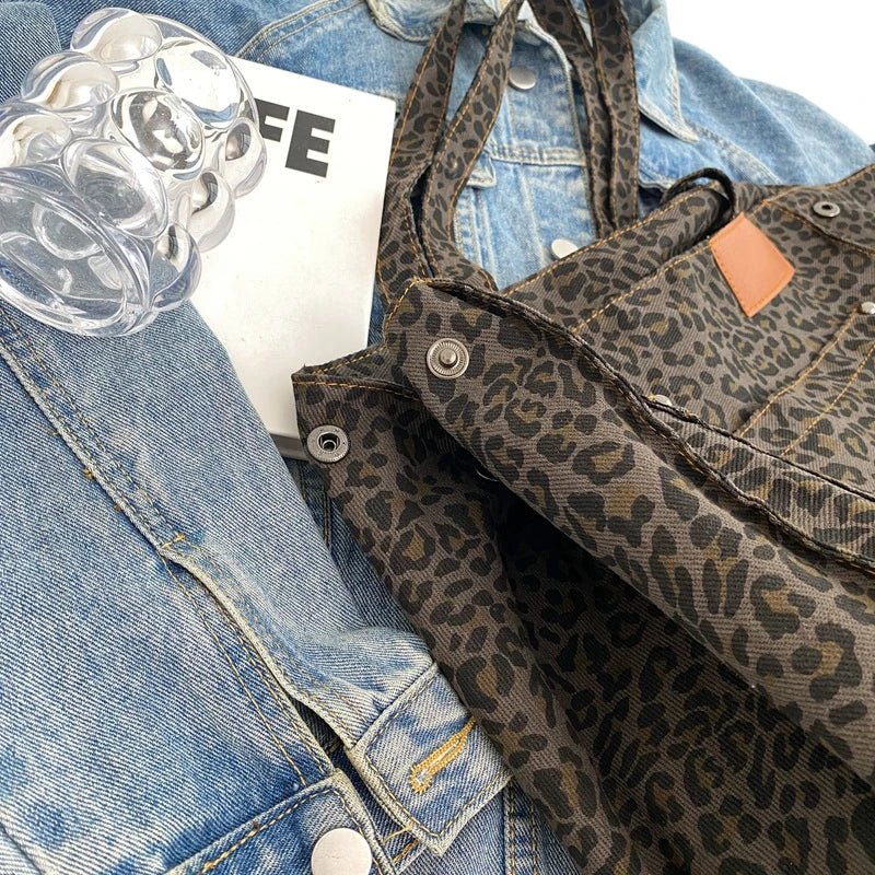 Oversized lærred skuldertaske med leopardmønster - lilla