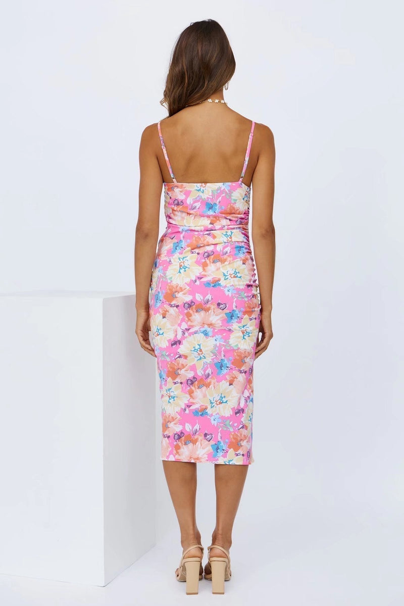 Midi summer dress with floral pattern and slit – Soléa