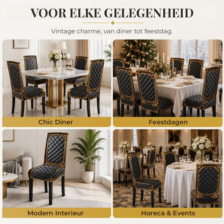 Vier Einsatzbilder der Stuhlbezüge: elegantes Dinner, Weihnachtstafel, modernes Wohnzimmer und festlich gedeckter Veranstaltungssaal. 7