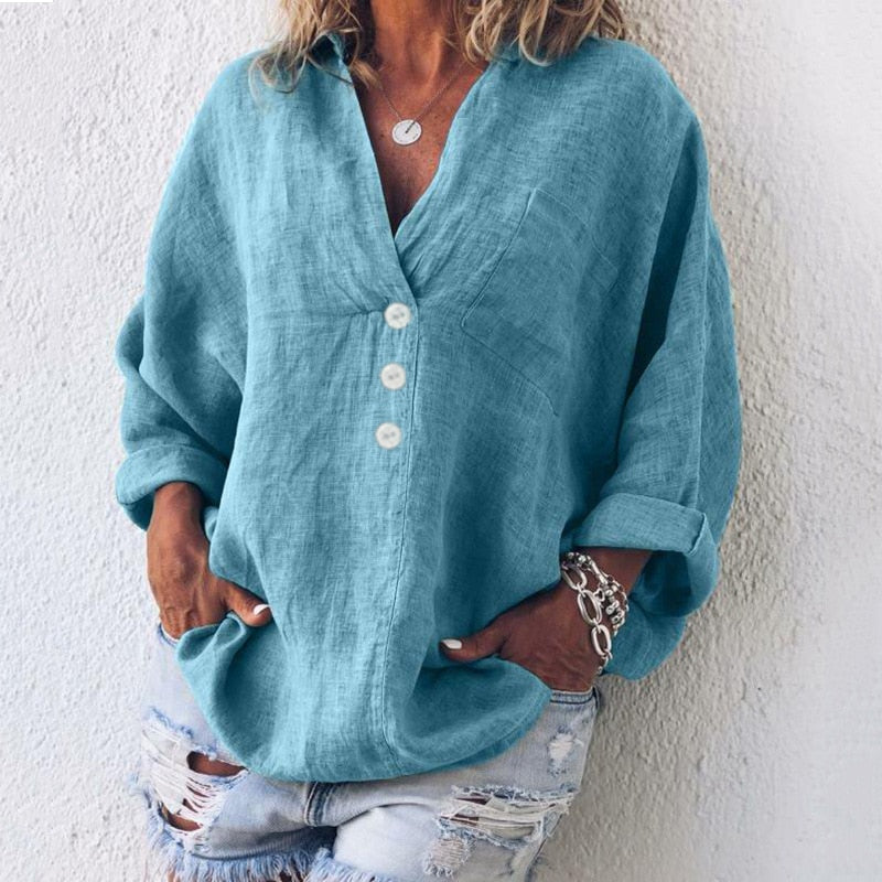 Airy women's linen blouse with button placket and V-neck – Elodie