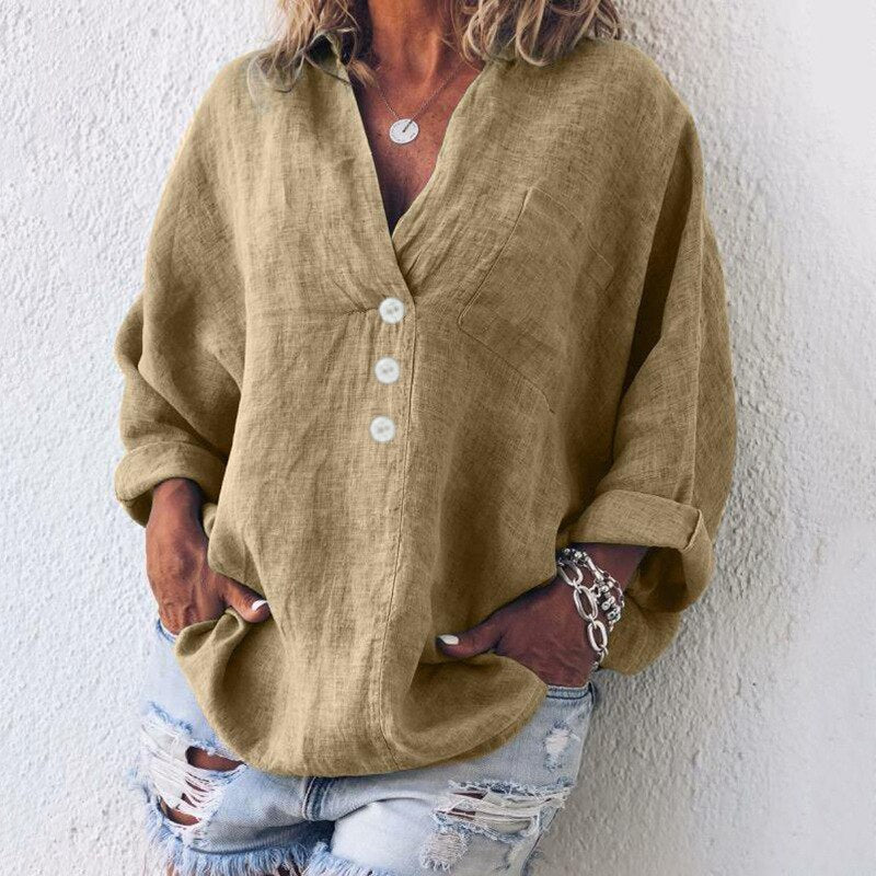 Airy women's linen blouse with button placket and V-neck – Elodie
