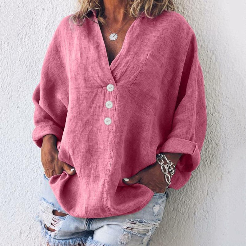 Airy women's linen blouse with button placket and V-neck – Elodie