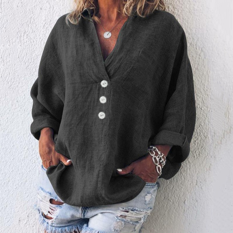 Airy women's linen blouse with button placket and V-neck – Elodie