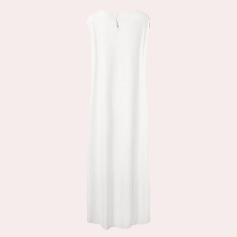 Weißes, ärmelloses Maxikleid aus Baumwolle, elegantes Design, Sommermode.