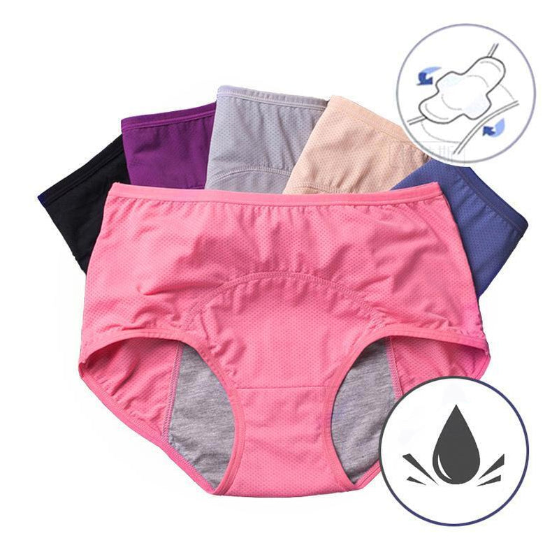 Fächerförmig angeordnete Slips in Rosa, Violett, Grau, Beige, Blau und Schwarz, mit Symbolen für Einlage und Flüssigkeitsschutz. 2