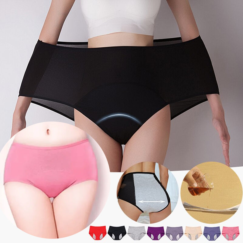 Collage: Model dehnt schwarzen Slip weit aus, dazu Detail der Rückseite, Flüssigkeitstest und acht verfügbare Farben. 4