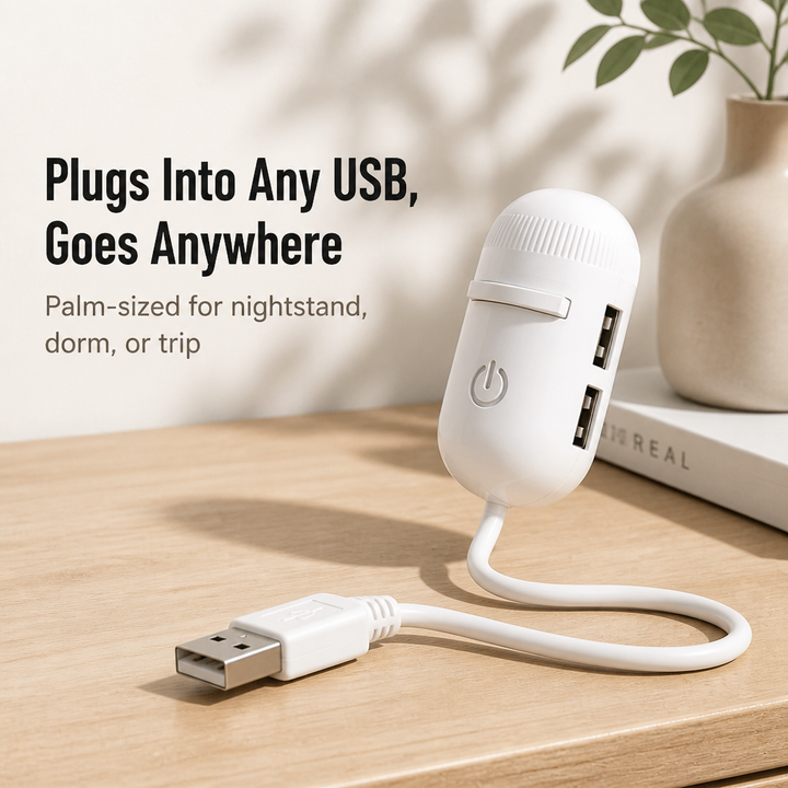 Der weiße Projektor mit zwei seitlichen USB-Buchsen und langem USB-Stecker liegt auf einem hellen Holztisch neben Vase und Buch. 2