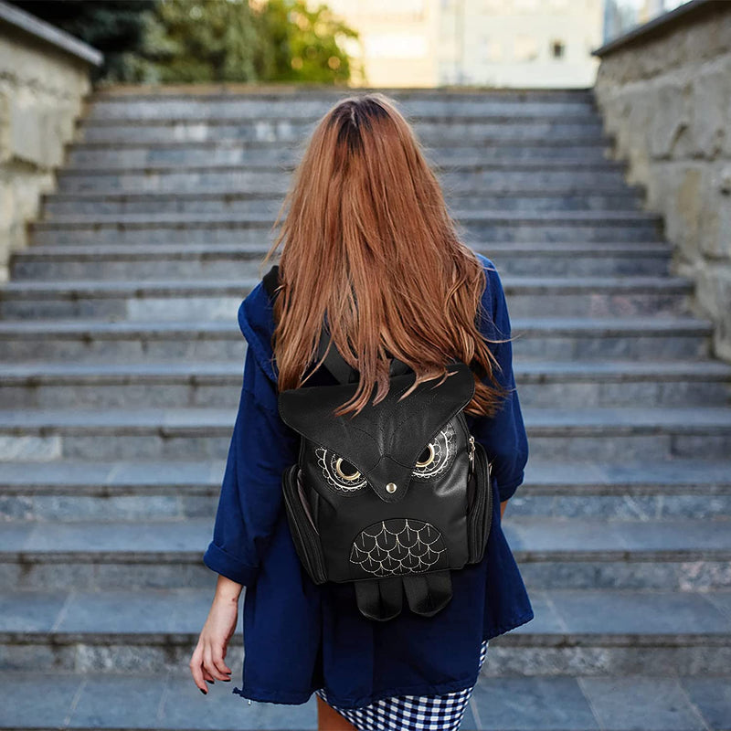 PU leather backpack with owl print for women – multi-pocket design