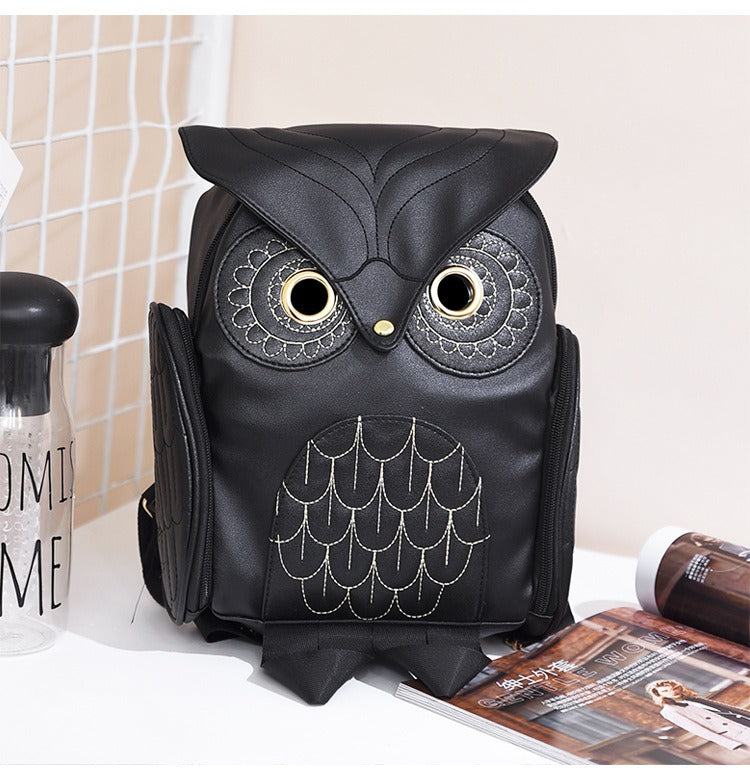 PU leather backpack with owl print for women – multi-pocket design