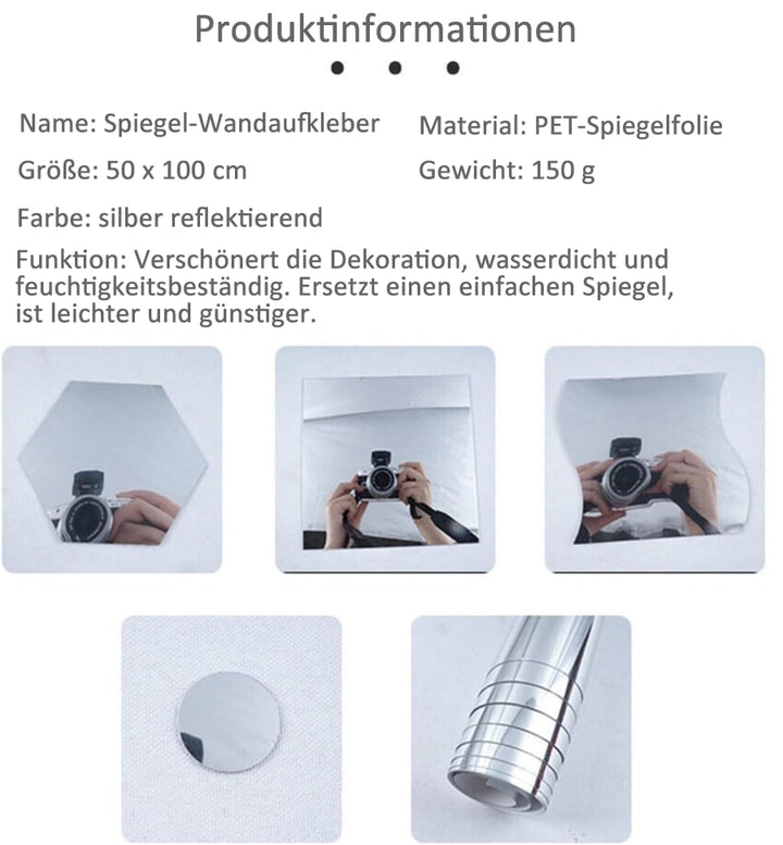 Produktinformationstafel mit Spiegelbildern von Kamera und Händen in sechseckiger, quadratischer und gewellter Form sowie Spiegelfolienrolle und rundem Aufklebe 8