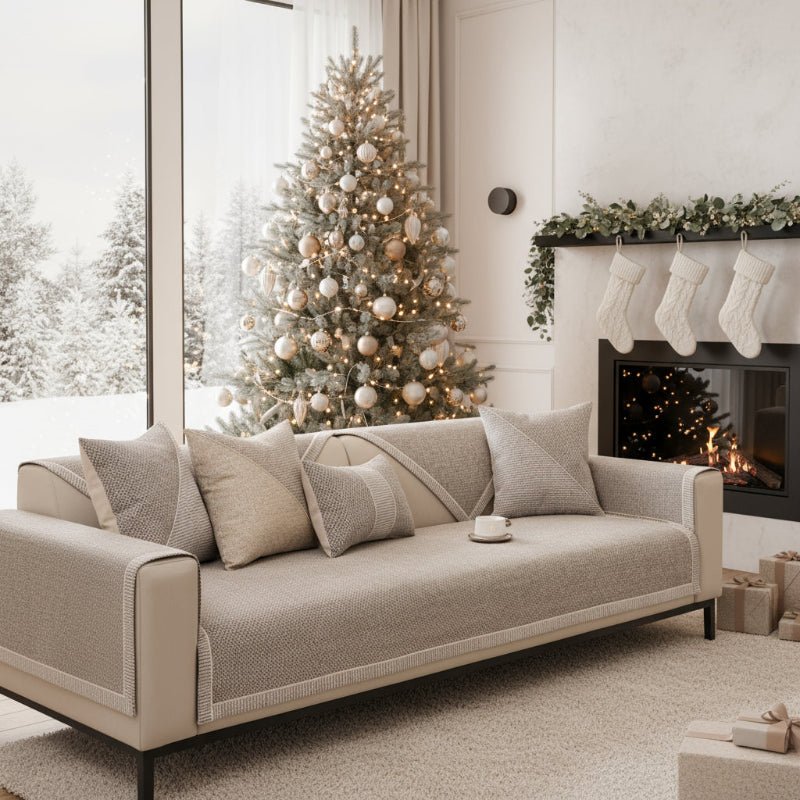 Beiger Sofabezug auf einem Sofa im weihnachtlich dekorierten Wohnzimmer mit Tannenbaum, Kamin und Strümpfen. 2