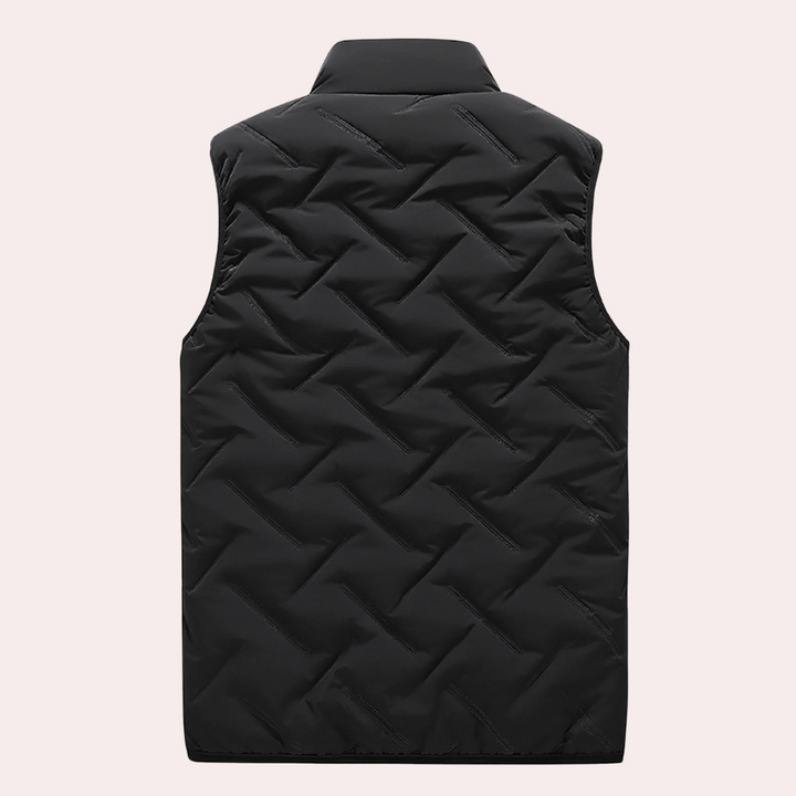 Schwarze Steppweste, ärmellos, warm, modisch, für Herren, Winterbekleidung, Rückansicht.