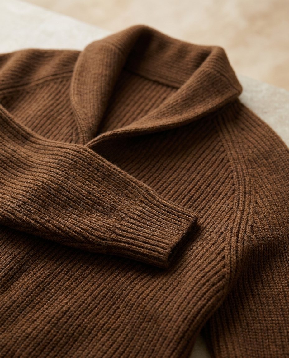 Nahaufnahme der braunen Strickjacke mit Schalkragen, Raglanärmel und Rippbündchen, die die Strickstruktur im Detail zeigt. 13