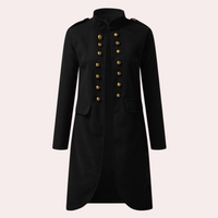 Schwarzer Damenmantel mit goldenen Knöpfen, eleganter Militärstil, Herbstmode, langärmelig.