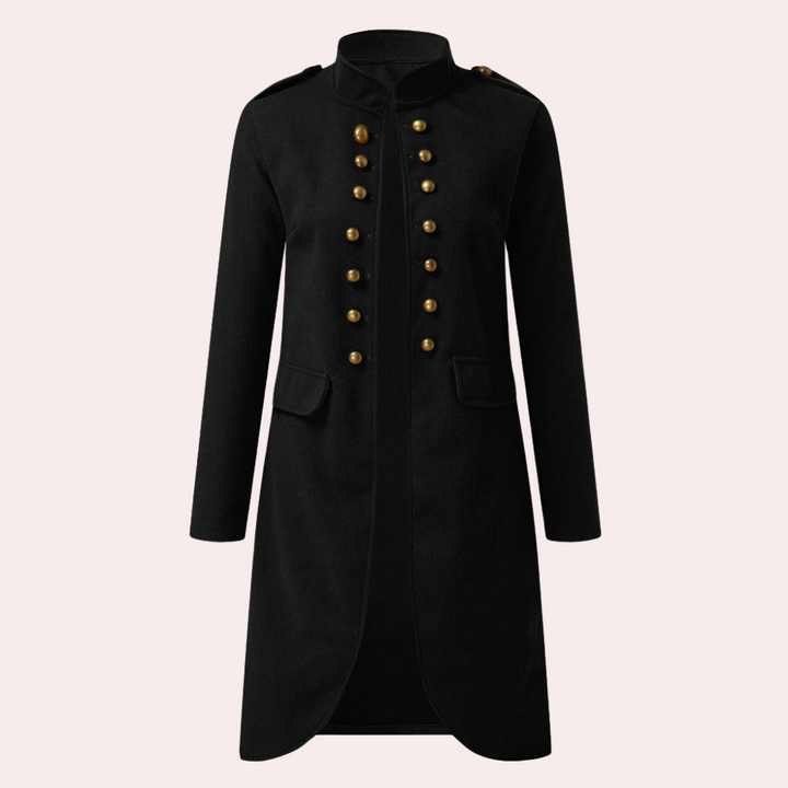 Schwarzer Damenmantel mit goldenen Knöpfen, eleganter Militärstil, Herbstmode, langärmelig.