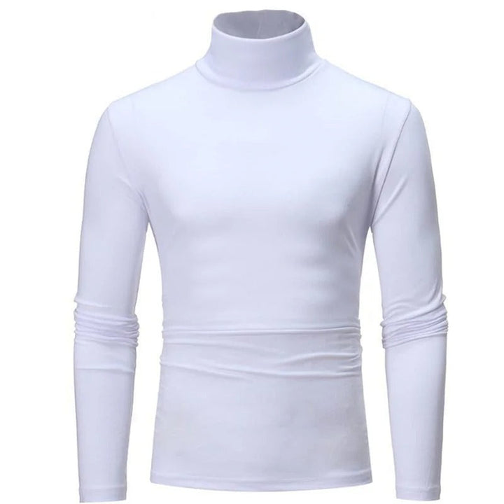 Weißes langärmliges Shirt mit hohem Kragen in der Vorderansicht, eng anliegend geschnitten 2